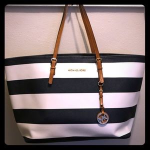 Micheal Kors navy and white stripe tote